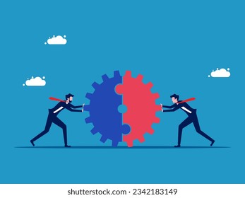 complete merger. Two businessmen pushing a cogwheel together