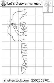 Completa la sirena. Vector Ocean Kingdom hoja de trabajo de práctica de dibujo simétrico. Actividad marina imprimible en blanco y negro para niños. Copia la imagen para colorear con la princesa del mar
