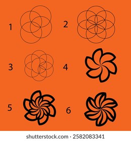 The complete method of making  a flower within different shapes  in this eps file.circle, copy circle, flower. With orange background.