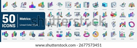 A complete metrics icon pack, perfect for tracking, assessing, and visualizing performance across any domain. Lineal Color style.