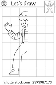 Complete the mime. Vector France themed symmetrical drawing practice worksheet. Printable black and white activity for kids. Copy the picture French coloring page with cute character
