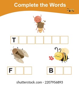 Complete The Missing Word. Printable Worksheet For Toddler Insect Edition. Activity Kit For Toddlers And Preschool Kids. Cute Vector Illustration. English Language For Children