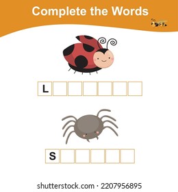 Complete The Missing Word. Printable Worksheet For Toddler Insect Edition. Activity Kit For Toddlers And Preschool Kids. Cute Vector Illustration. English Language For Children