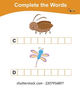 Complete The Missing Word. Printable Worksheet For Toddler Insect Edition. Activity Kit For Toddlers And Preschool Kids. Cute Vector Illustration. English Language For Children