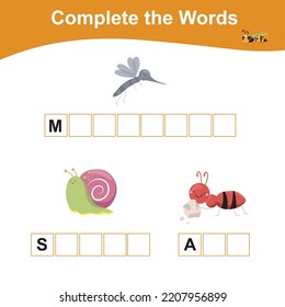 Complete The Missing Word. Printable Worksheet For Toddler Insect Edition. Activity Kit For Toddlers And Preschool Kids. Cute Vector Illustration. English Language For Children