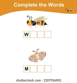 Complete The Missing Word. Printable Worksheet For Toddler Insect Edition. Activity Kit For Toddlers And Preschool Kids. Cute Vector Illustration. English Language For Children