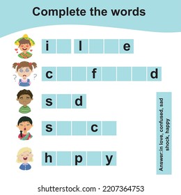 complete the missing words worksheet for toddlers feelings theme. Activity kit for toddlers and preschool kids. Cute kids vector illustration. Feeling expressions theme