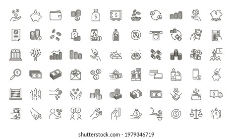 Complete money and finance related 66 icons set. Vector editable thin line icons for subjects related with currencies, payments, transactions, deals and business