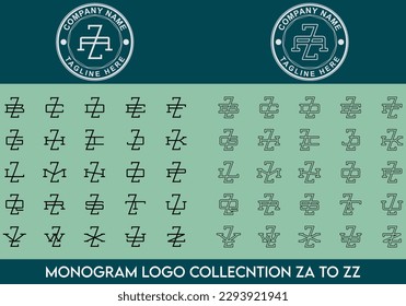 Colección completa de logotipos de cartas de monograma desde el logotipo de ZA hasta el logotipo de ZZ con placa circular - Logotipo minimalista, elegante, moderno, premium, de lujo y vintage para ropa, ropa, negocios - Cartas interbloqueadas