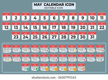 Mês completo de muitos ícones de calendário de vetor definidos para tarefas de planejamento e organização editáveis
