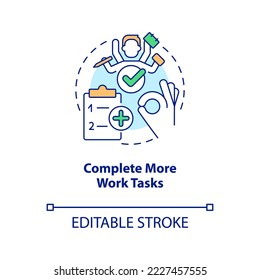 Complete more work tasks concept icon. High productivity. Remote workplace benefit abstract idea thin line illustration. Isolated outline drawing. Editable stroke. Arial, Myriad Pro-Bold fonts used