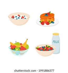 Complete morning breakfasts set - porridge pancakes and fruits. Vector illustration with healthy eating concept