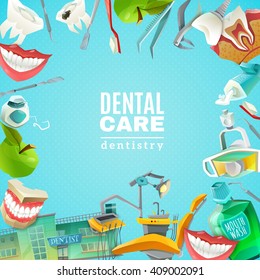 Complete mouth care dentals clinics comprehensive flat square frame background poster abstract decorative vector illustration