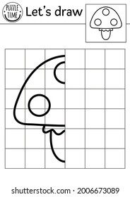 Completa el hongo. Hoja de cálculo de la práctica de dibujo del vector Otumn. Actividad imprimible en blanco y negro para niños preescolares. Copiar la caída de la imagen o el juego con temas forestales para los niños
