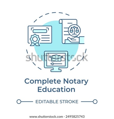 Complete notary education soft blue concept icon. Graduation diploma, regulatory compliance. Round shape line illustration. Abstract idea. Graphic design. Easy to use in infographic, presentation
