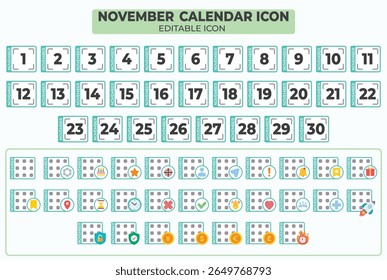 Complete november calendar icon set with editable symbols and dates showcasing event options and