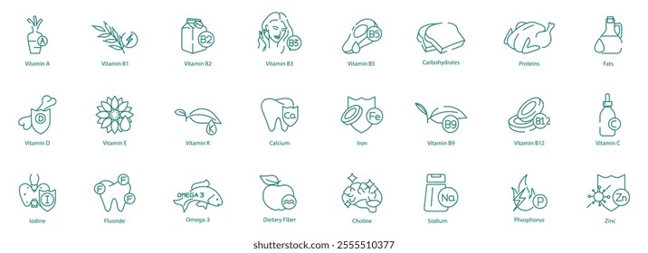 Complete Nutrition Icon Set - Vitamin A, B1, B2, B3, B5, Carbohydrates, Proteins, Fats, D, E, K, Calcium, Iron, B9, B12, C, Iodine, Fluoride, Omega-3, Dietary Fiber, Choline, Sodium, Phosphorus 