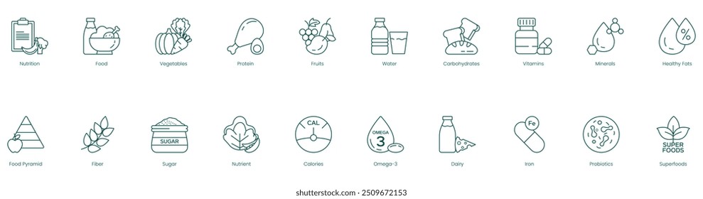 Iconos completos de nutrición y bienestar: nutrición, alimentos, verduras, proteínas, frutas, agua, carbohidratos, vitaminas, minerales, grasas saludables, pirámide alimenticia, fibra, azúcar, nutrientes, calorías, omega-3, D