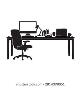 Complete office desk silhouette. Workspace furniture graphic. Business interior symbol. Home office setup illustration. Work station vector. Professional environment icon. Productivity tools sign. Computer desk with accessories. Office chair and table. Organized study space silhouette graphic.