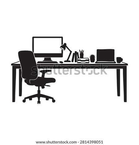 Complete office desk silhouette. Workspace furniture graphic. Business interior symbol. Home office setup illustration. Work station vector. Professional environment icon. Productivity tools sign. Computer desk with accessories. Office chair and table. Organized study space silhouette graphic.