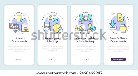 Complete online notarization onboarding mobile app screen. Walkthrough 4 steps editable graphic instructions with linear concepts. UI, UX, GUI template