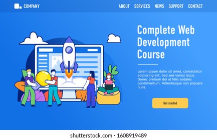 Complete online web development courses. Small people stand near big web page, web development concept. Modern design vector illustration. Web landing page template