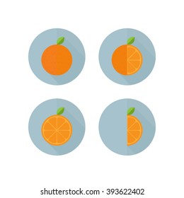 Complete orange, three-quarter orange ,half orange, fourth orange fruit icon set. Flat design with long shadow effect in stylish colors of web design objects.