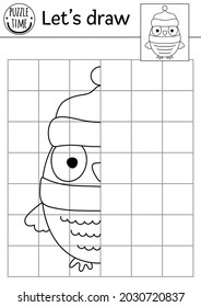Complete the owl picture. Vector forest symmetrical drawing practice worksheet. Printable black and white activity for preschool kids with bird. Copy the picture woodland themed game
