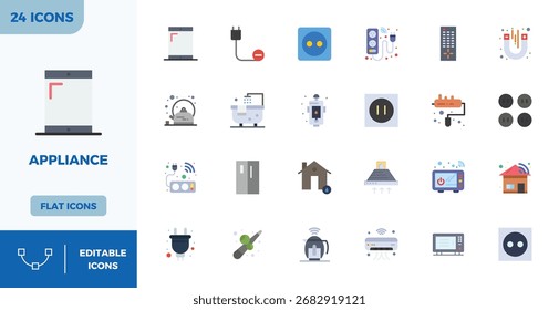 Complete package of 24 vector icons themed around Appliance, showcasing Flat Color design in 128x128 PIXEL perfect quality for modern interfaces.