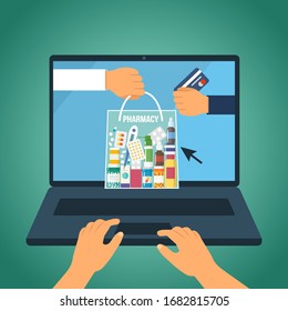 Un paquete completo de medicamentos y vitaminas. Compra y entrega de productos de una farmacia a través de Internet. Pago con tarjeta. Concepto de cuarentena del virus de la corona, covid-19. ilustración vectorial