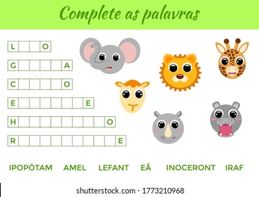 Complete as palavras - Complete the words, write missing letters. Matching educational game for children with cute animals. Educational activity page for study Portuguese. Isolated vector illustration