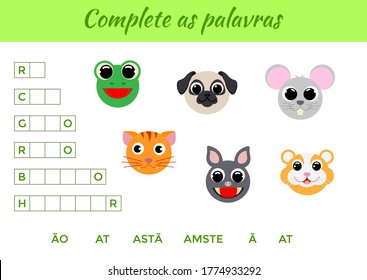 Complete as palavras - Complete the words, write missing letters. Matching educational game for children with cute animals. Educational activity page for study Portuguese. Isolated vector illustration