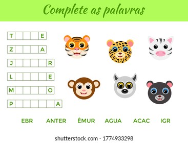 Complete as palavras - Complete the words, write missing letters. Matching educational game for children with cute animals. Educational activity page for study Portuguese. Isolated vector illustration