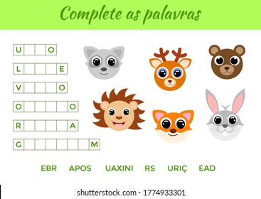 Complete as palavras - Complete the words, write missing letters. Matching educational game for children with cute animals. Educational activity page for study Portuguese. Isolated vector illustration