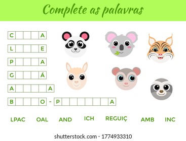 Complete as palavras - Complete the words, write missing letters. Matching educational game for children with cute animals. Educational activity page for study Portuguese. Isolated vector illustration