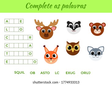 Complete as palavras - Complete the words, write missing letters. Matching educational game for children with cute animals. Educational activity page for study Portuguese. Isolated vector illustration