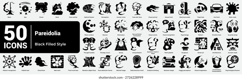 Das vollständige Kollektionspaket von Pareidolia vereint 50 konzeptionelle Symbole für Designs zu Illusion, Fantasie und Wahrnehmung. Schwarz gefüllt Stil.