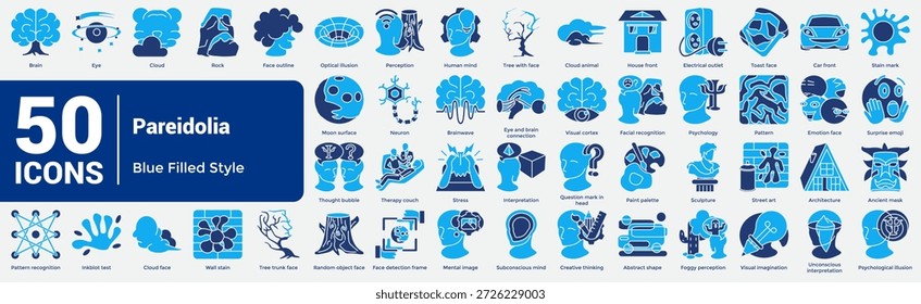 El Paquete completo de Colección Pareidolia combina 50 íconos conceptuales para diseños sobre ilusión, imaginación y percepción. Estilo de doble tono.