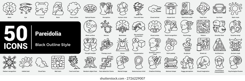 El Paquete completo de Colección Pareidolia combina 50 íconos conceptuales para diseños sobre ilusión, imaginación y percepción. Estilo de línea.