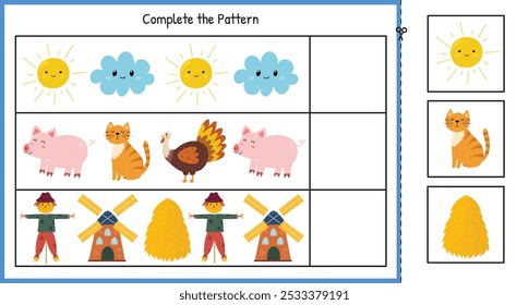 Complete the pattern activity page for kids. Cut and glue the missing elements. Put the farm characters in the right order educational game for school and preschool. Vector illustration