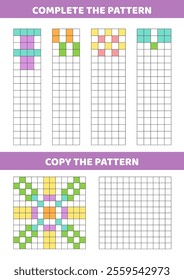 Complete the pattern. Color the cells. Drawing activity for kids. Isolated vector illustration eps 10