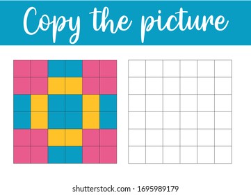 Complete the Pattern. Copy the picture. Printable worksheet. Pixel art. Education logic game for preschool kids. Vector Illustration. 