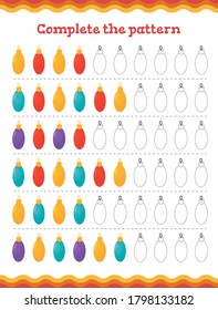 Vervollständigen Sie das Muster Kindererziehungsspiele. Weihnachtsblatt für Vorschulen oder Kindergarten. Vektorgrafik