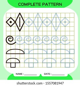 Complete pattern. Tracing Lines Activity For Early Years. Preschool worksheet for practicing fine motor skills. Tracing lines. Improving skills tasks. Green.