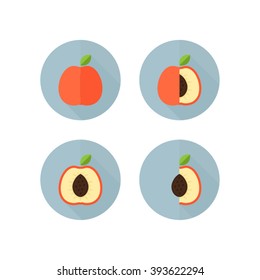 Complete peach, three-quarter peach ,half peach, fourth peach icon.Fruit set. Flat design with long shadow effect in stylish colors of web design objects.