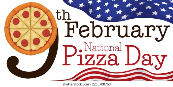 Complete pepperoni pizza forming the date for its National Day on 9th February, with American clothes decorated with stars and stripes.