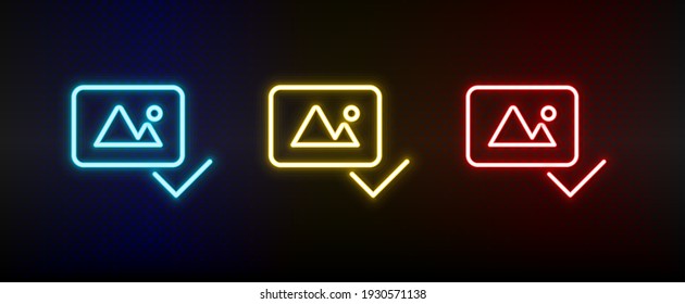 complete, photo neon icon set. Set of red, blue, yellow neon vector icon