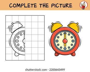 Complete la imagen del reloj despertador. Copia la imagen. Libro de colorear. Juego educativo para niños. Ilustración vectorial de dibujos animados