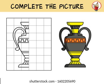 Complete the picture of a ancient vase. Copy the picture. Coloring book. Educational game for children. Cartoon vector illustration