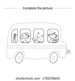 Complete the picture. Animals on the bus. Coloring page. Children educational game. 